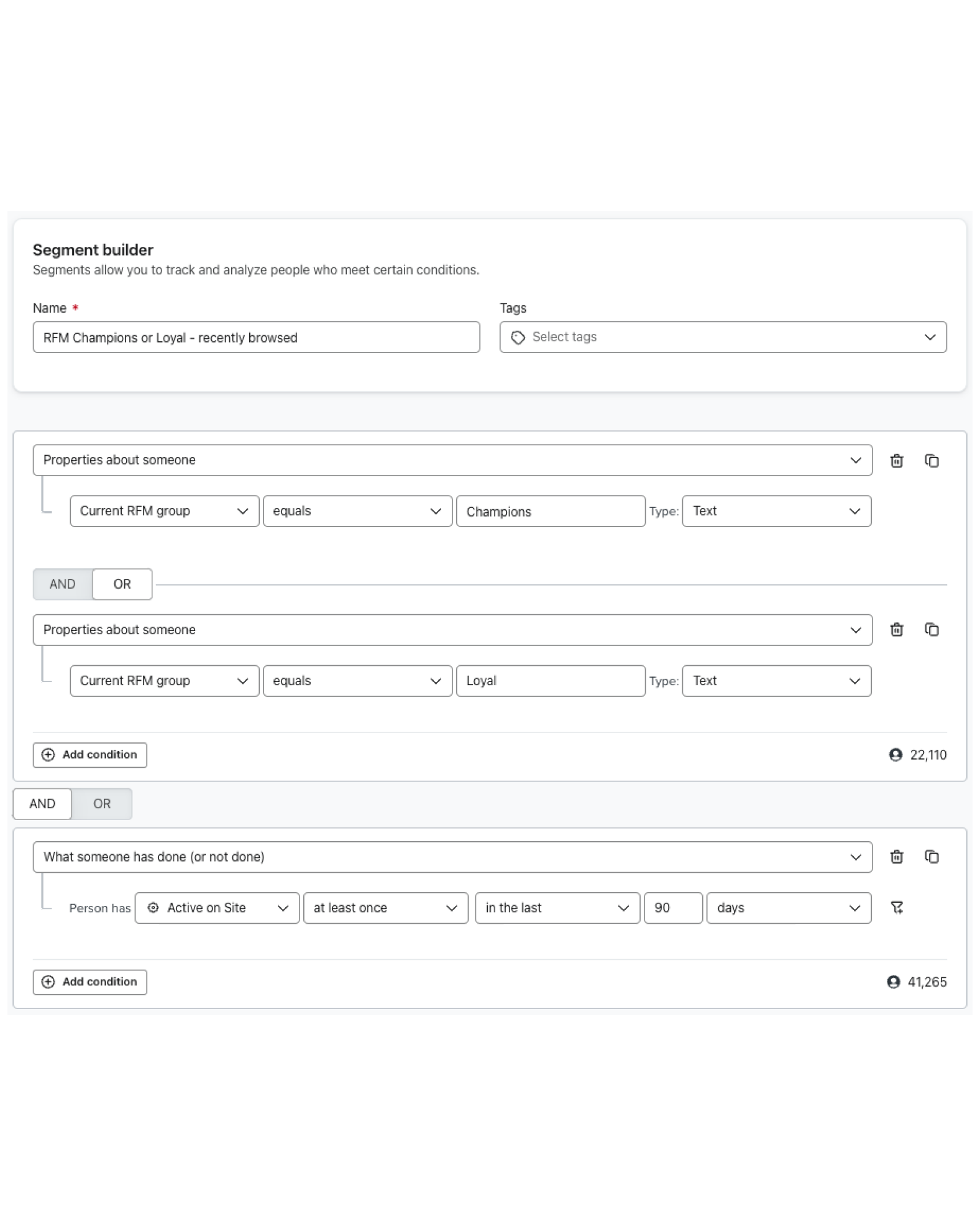 A segment within Klaviyo of RFM Champions or Loyal profiles who have recently engaged