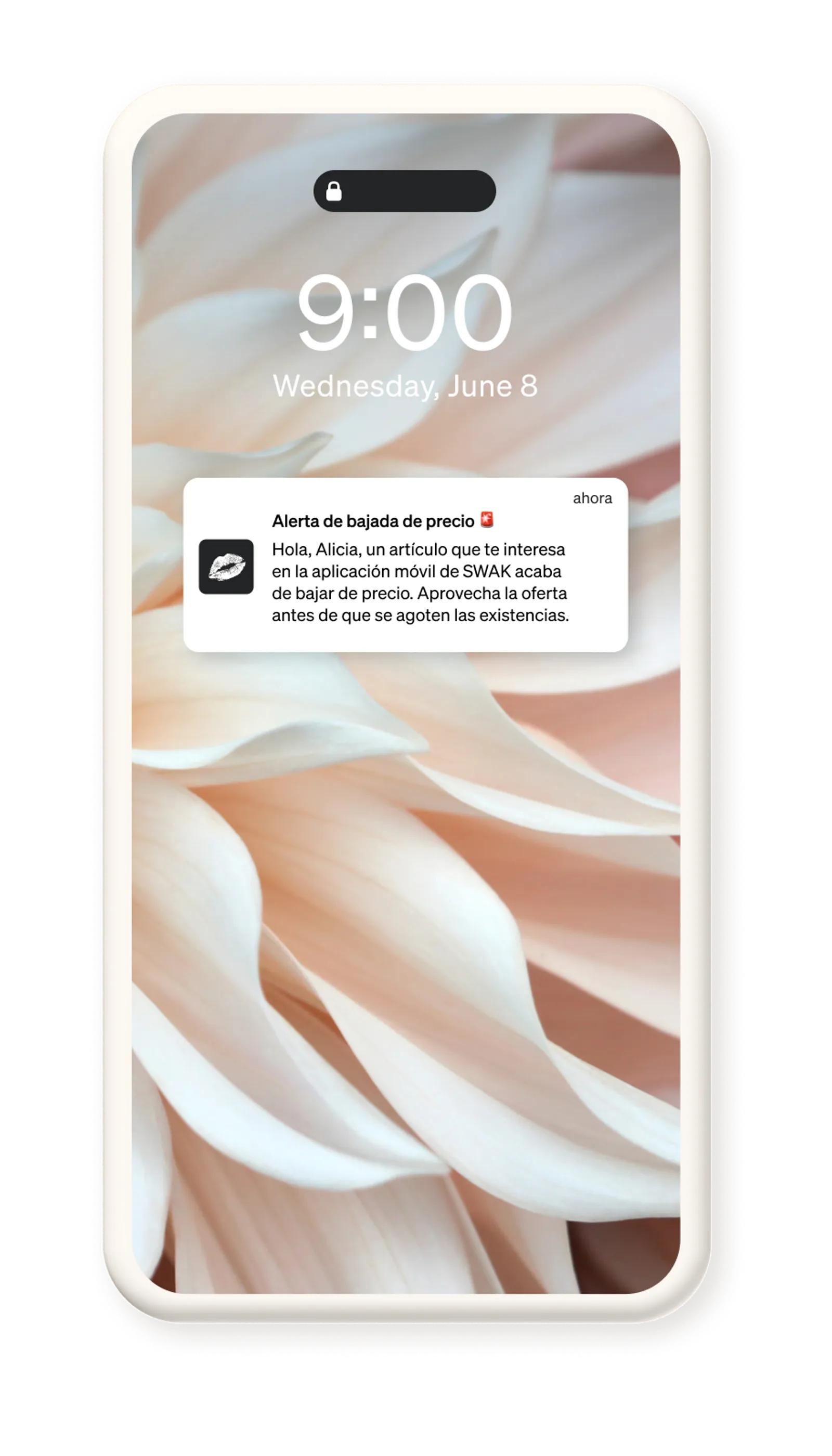 A SWAK Cosmetics flow push notification, alerting recipients that an item they're interested in is now listed at a lower price on their mobile app.