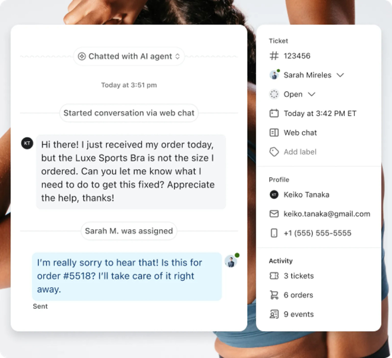 Helpdesk conversation referencing a customer's order number