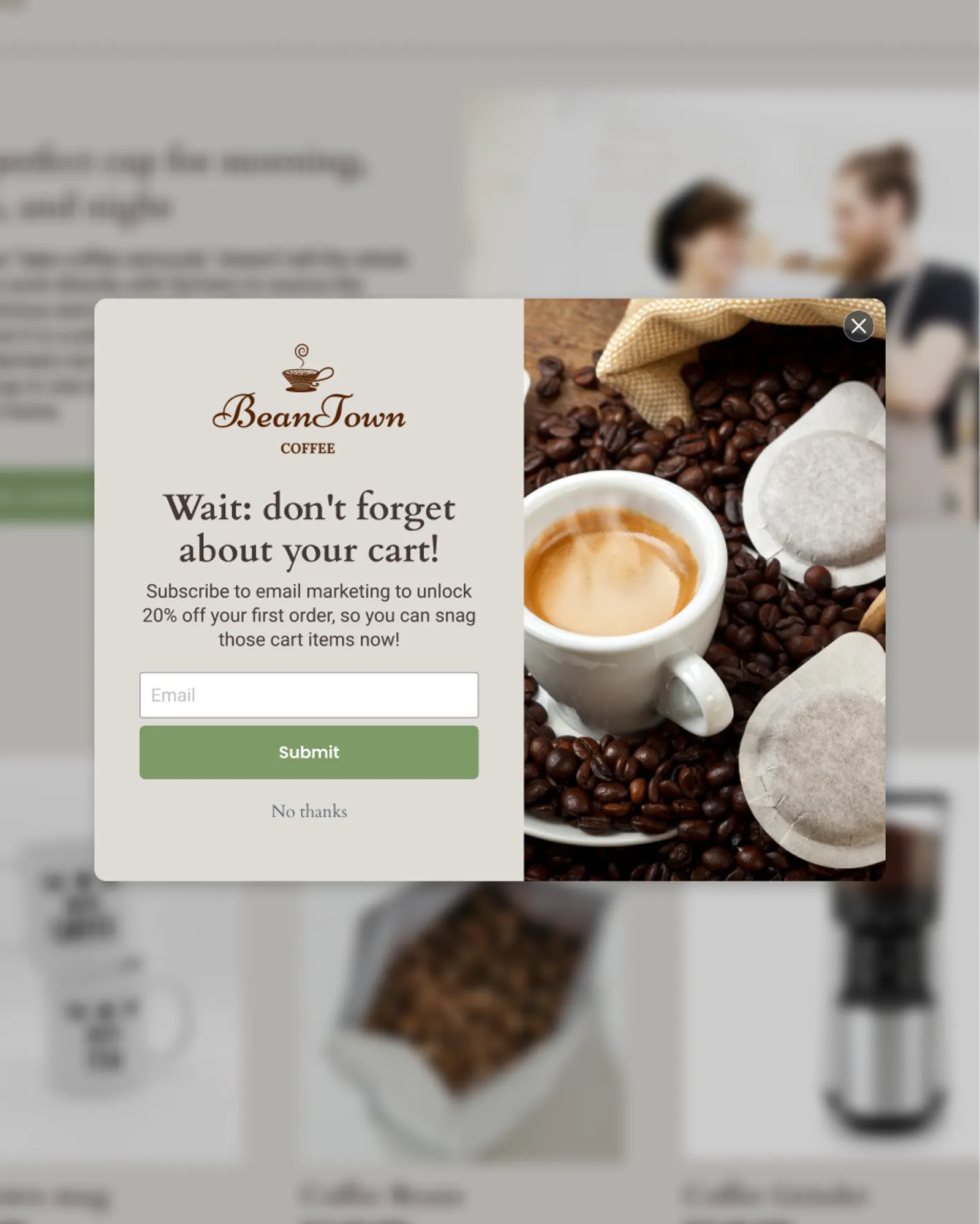 Abandoned cart message on sign-up form