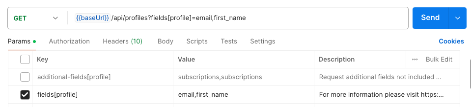 Adding fields[profile] query parameter in Postman