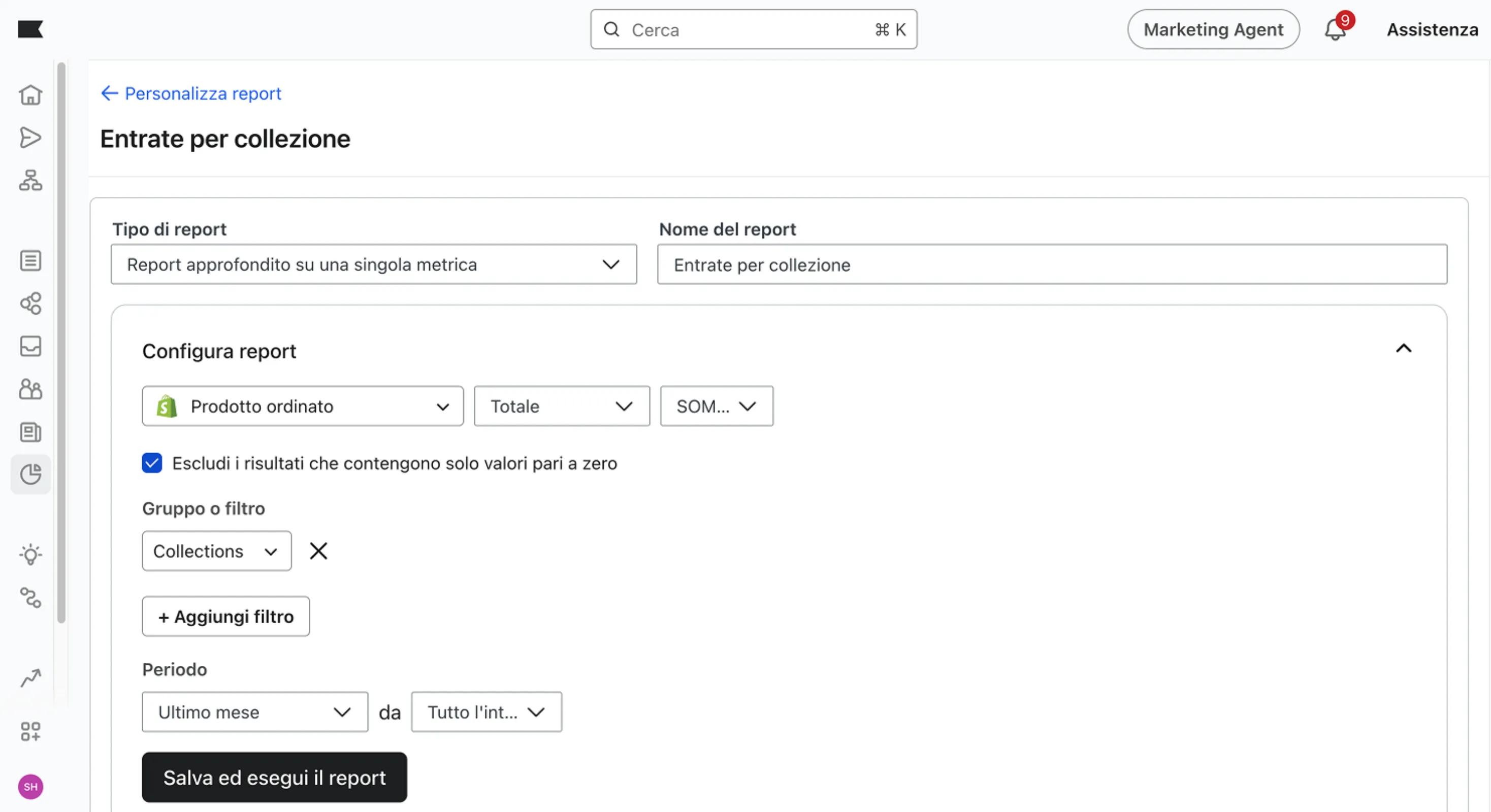 Custom reports section with an example of a custom report for a single metric deep dive report.