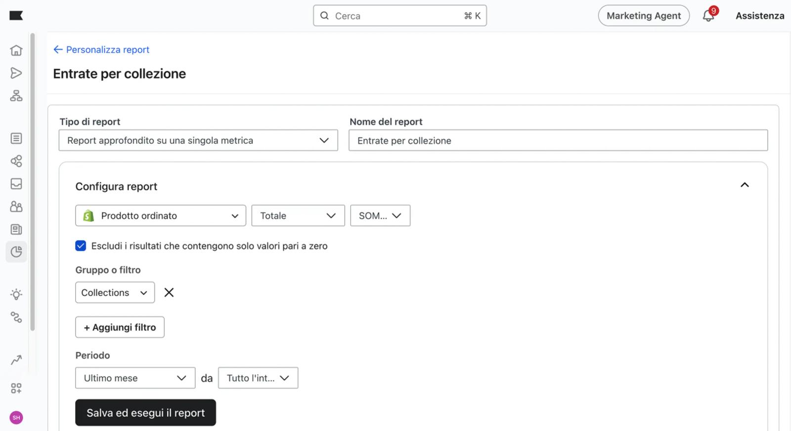 Custom reports section with an example of a custom report for a single metric deep dive report.