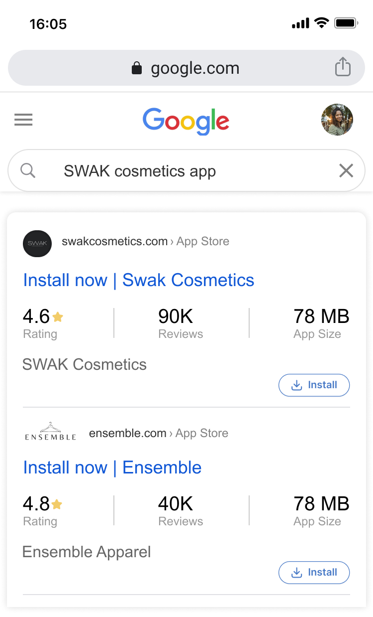 SWAK Cosmetics mobile ad that encourages someone to download the SWAK app.