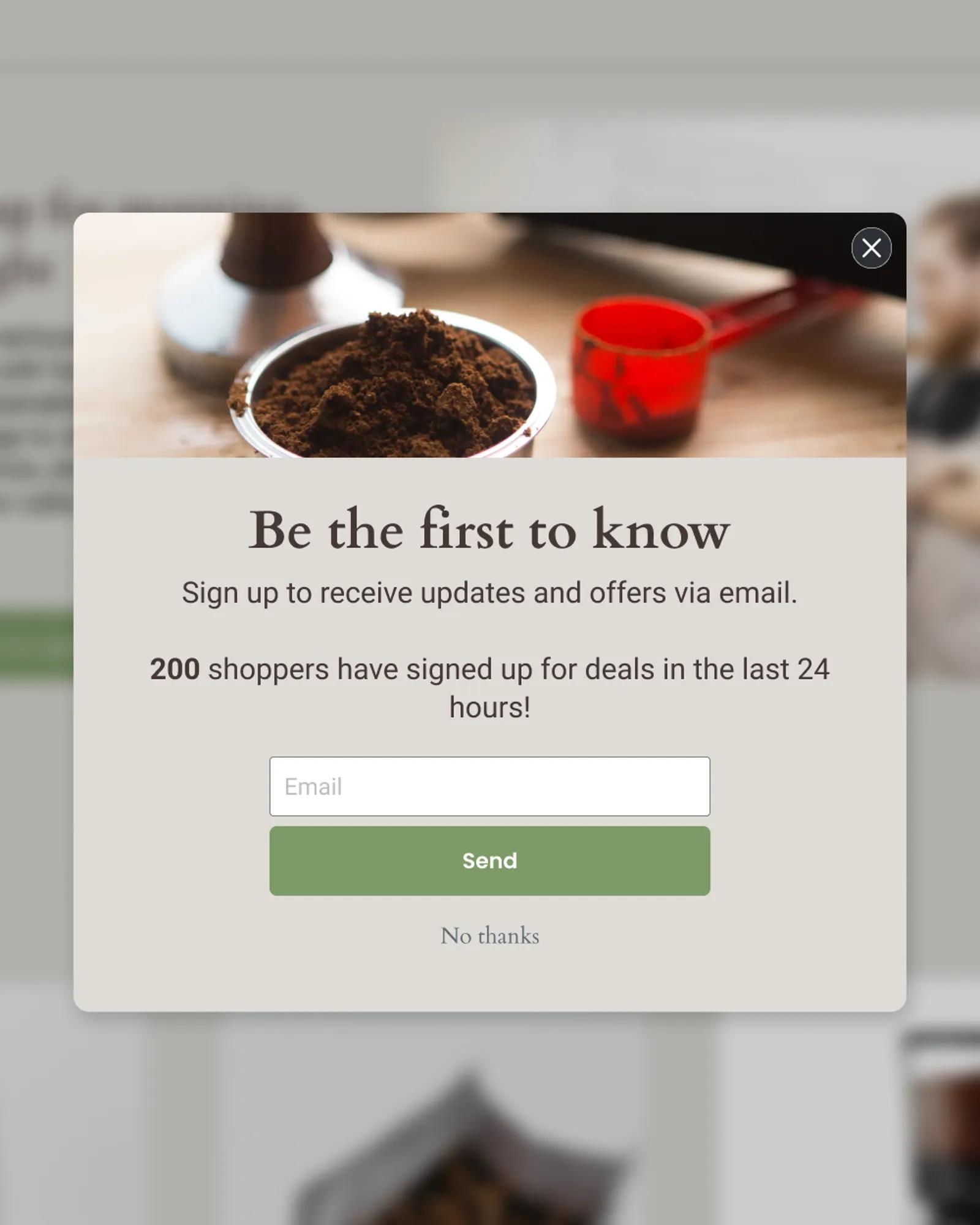 Example Beantown Coffee sign-up form that shares that 200 people have signed up in the last 24 hours.