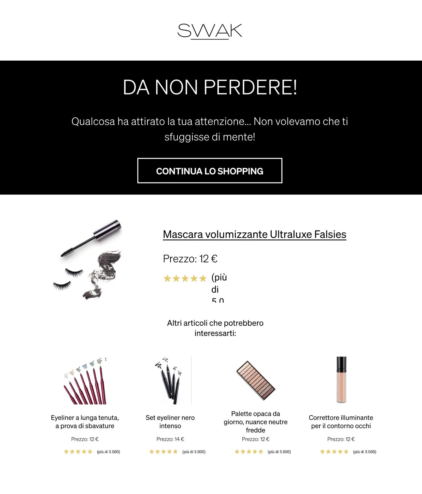 A browse abandonment email from SWAK Cosmetics, featuring the item someone was looking at as well as related products they may also be interested in.