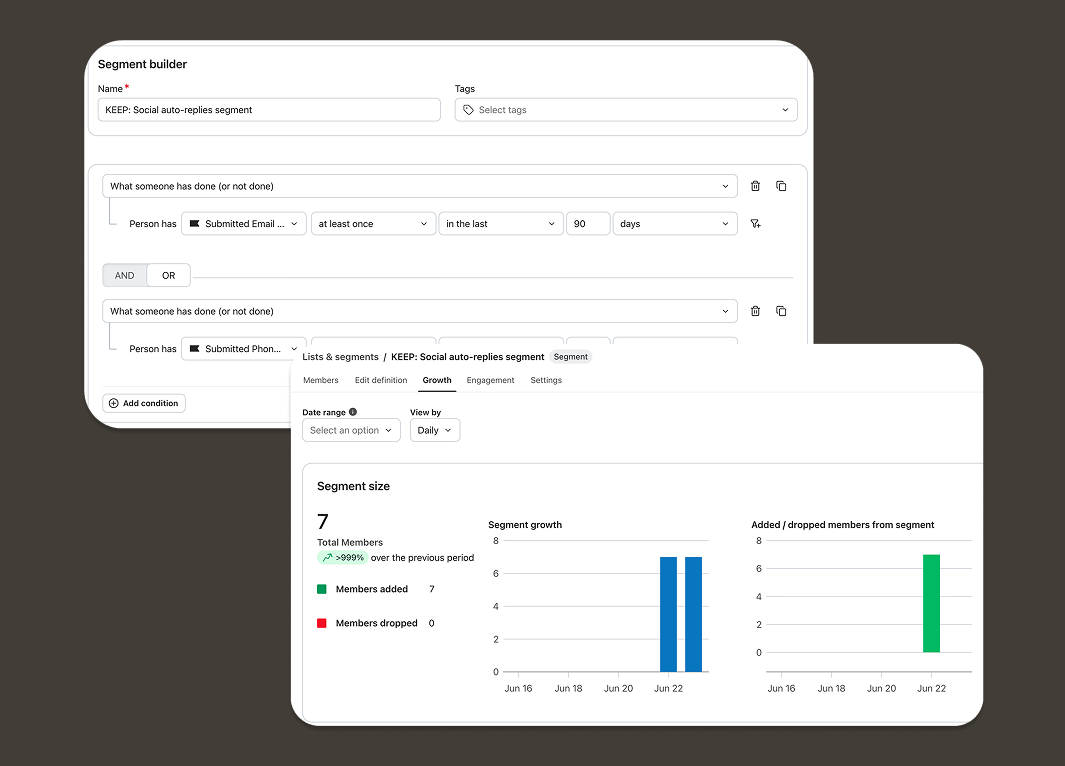 A 'Segment builder' interface for defining user segments based on actions, overlapping with a 'Growth' tab displaying segment size and growth charts.