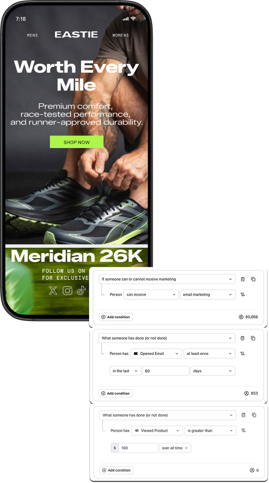 Smartphone showing a running shoe website and marketing segmentation filters.