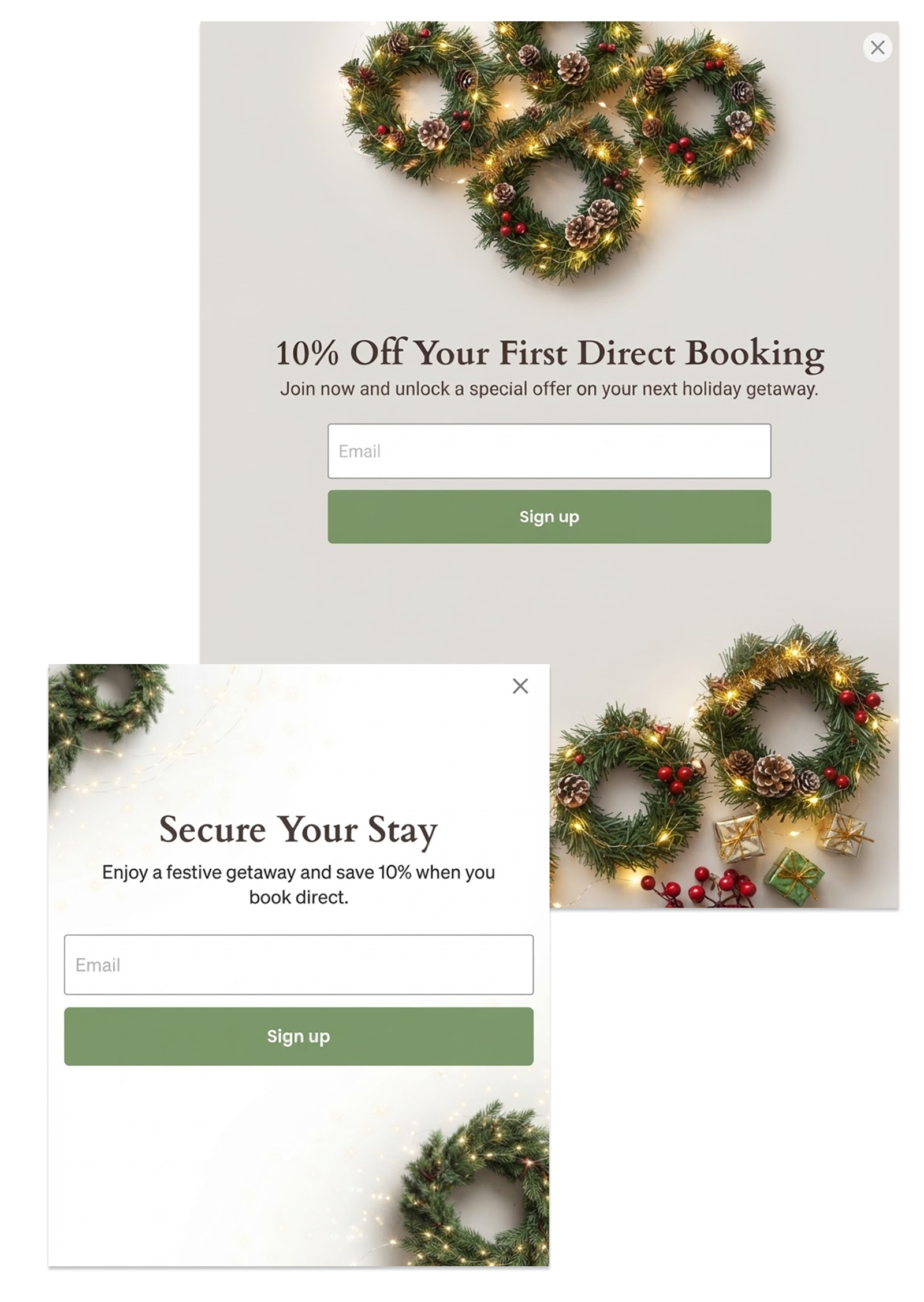 Festive email sign-up pop-up offering 10% off, decorated with illuminated Christmas wreaths.