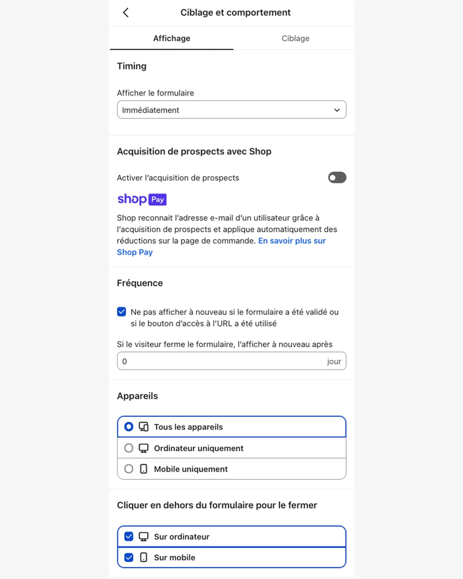 Onglet « Affichage » dans l’éditeur de formulaire