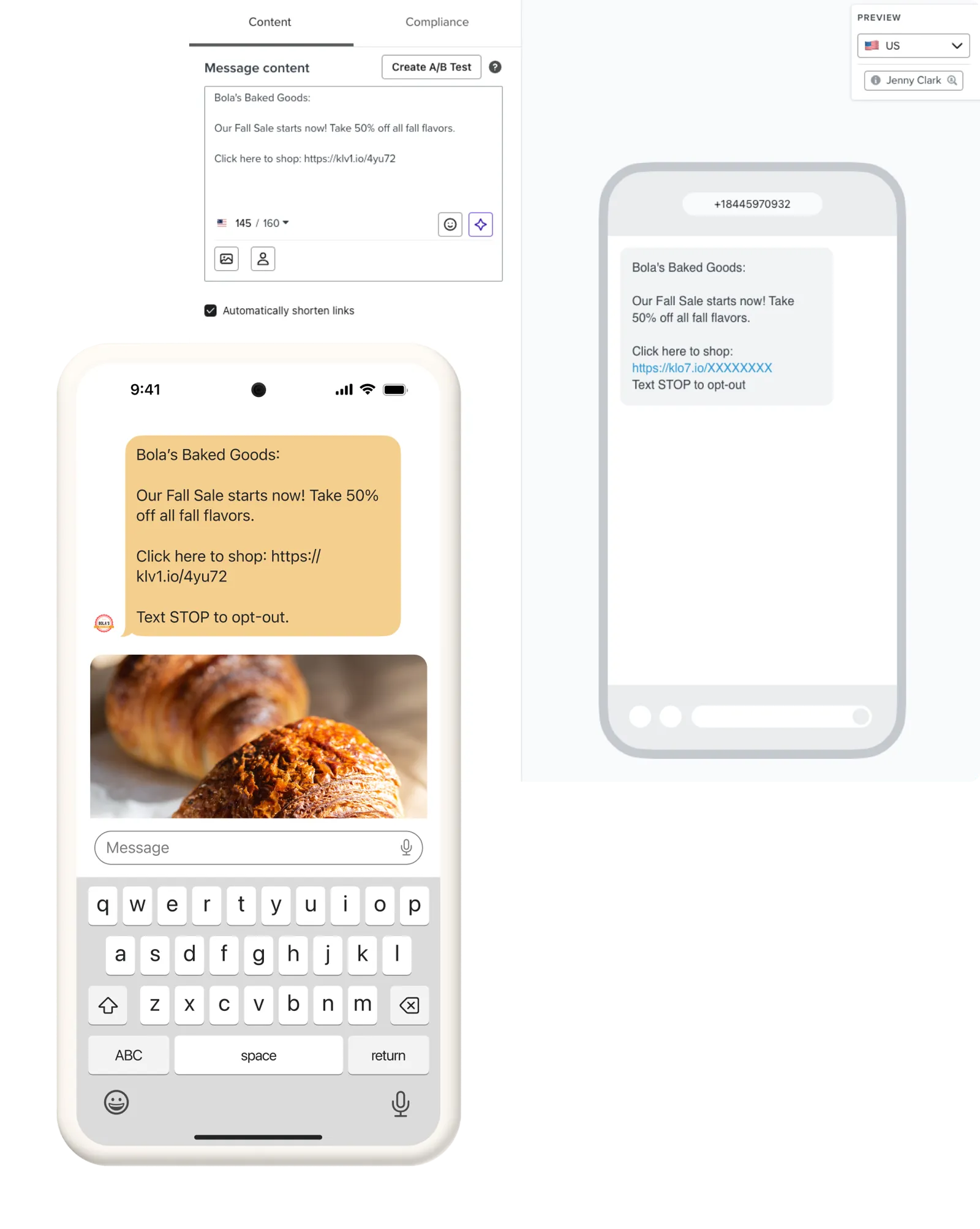 Two images of an SMS campaign, one being edited in Klaviyo and the other being received on a phone.