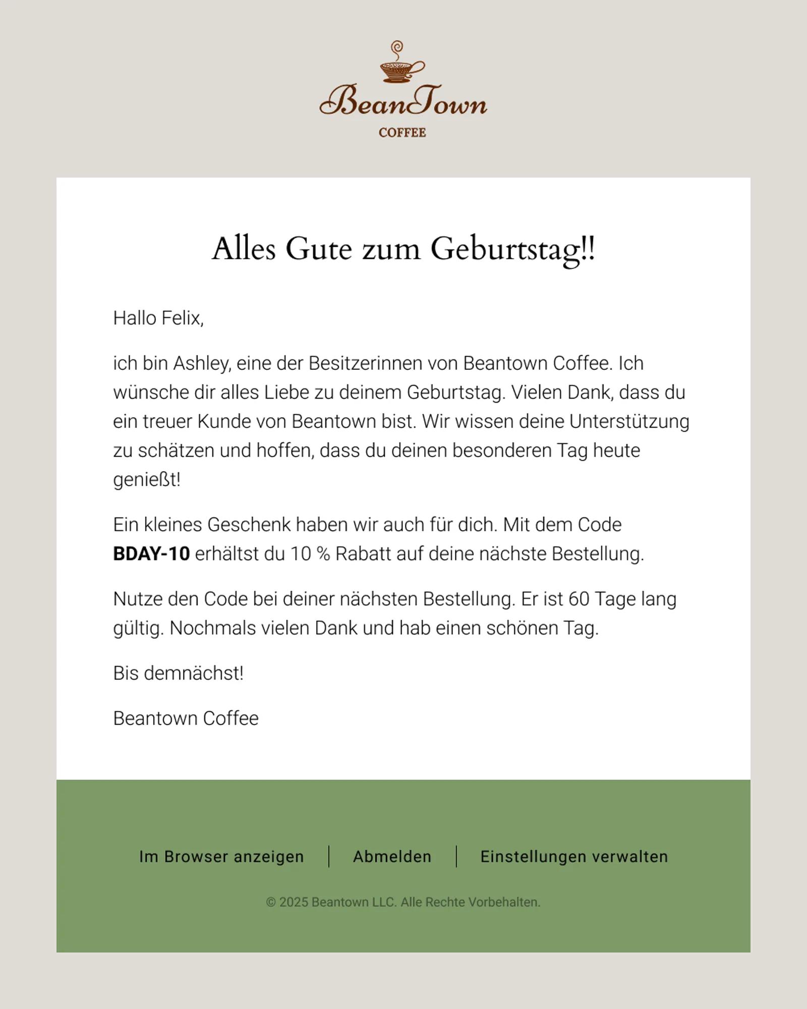 Eine Geburtstags-E-Mail von Beantown mit einem Preisnachlass von 10 %, um den Empfänger zu erfreuen.