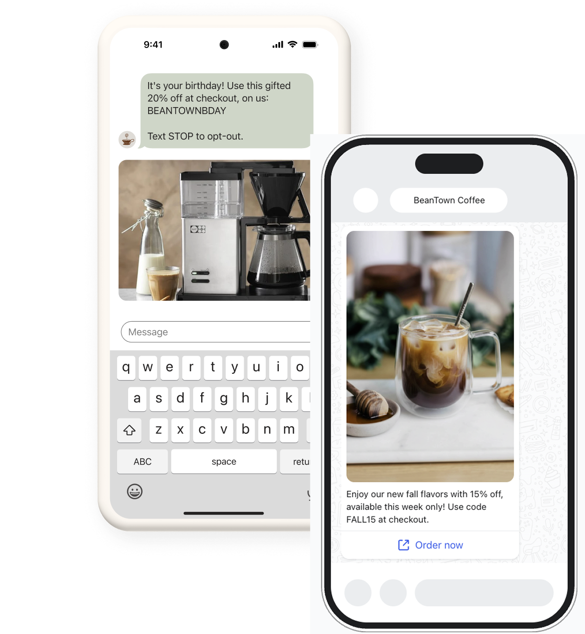 A text message and a WhatsApp message delivering a coupon code