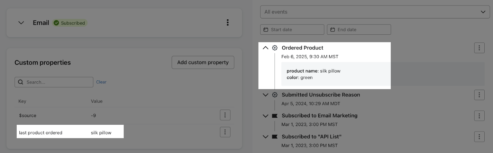 New event and profile property on a Klaviyo profile