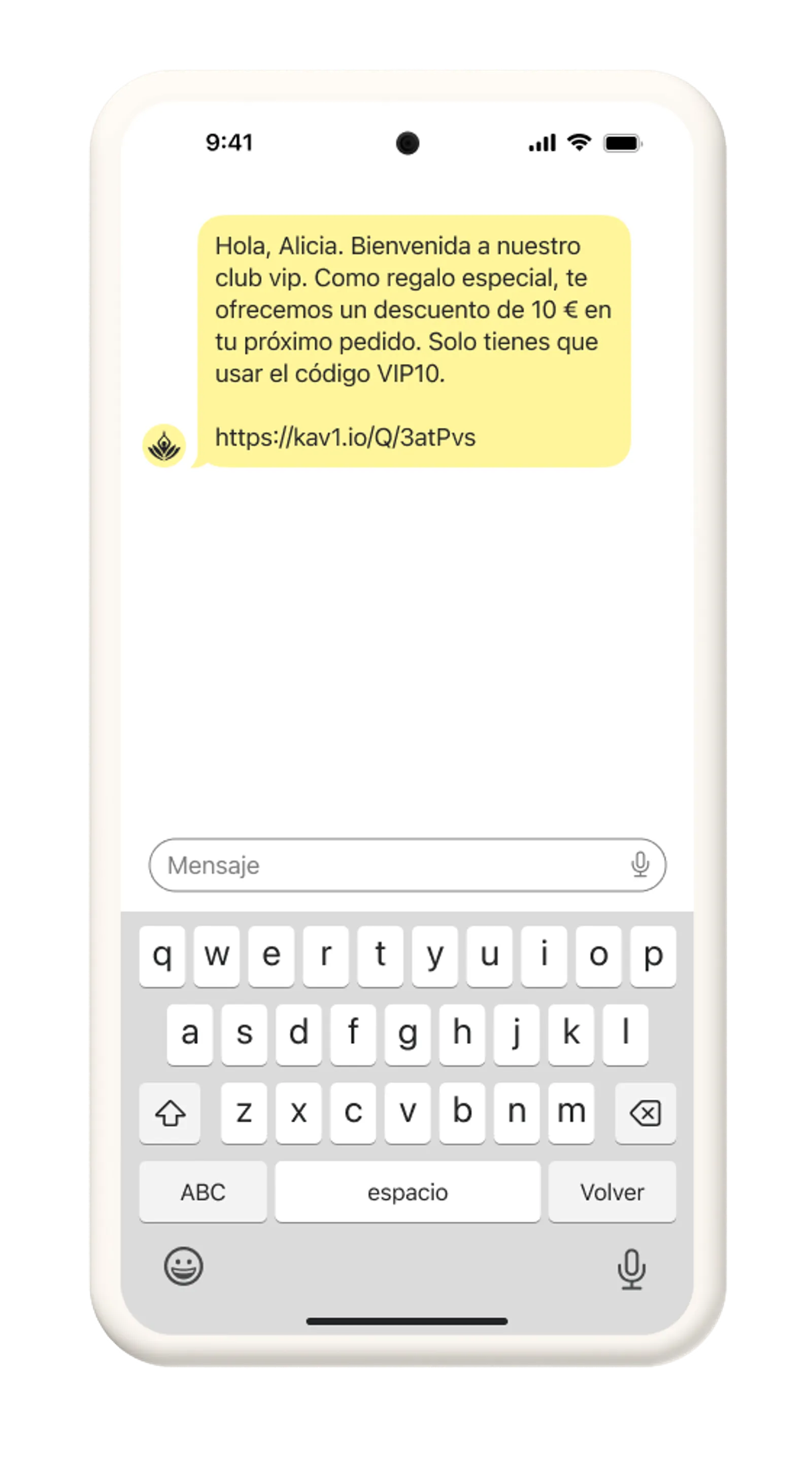 A VIP text message from Good Company, welcoming new VIPs into their community and offering an exclusive coupon code for their next order.