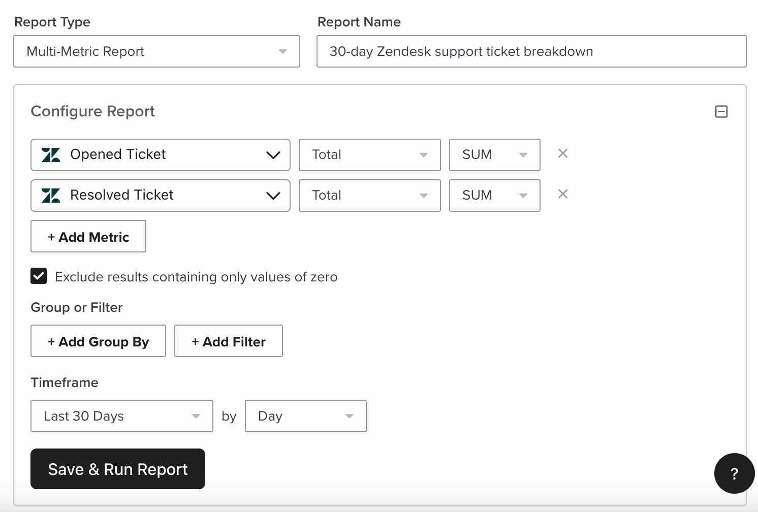 Multi-metric report that shows a breakdown of key Zendesk metrics (opened and resolved tickets) to show results from last 30 days. 