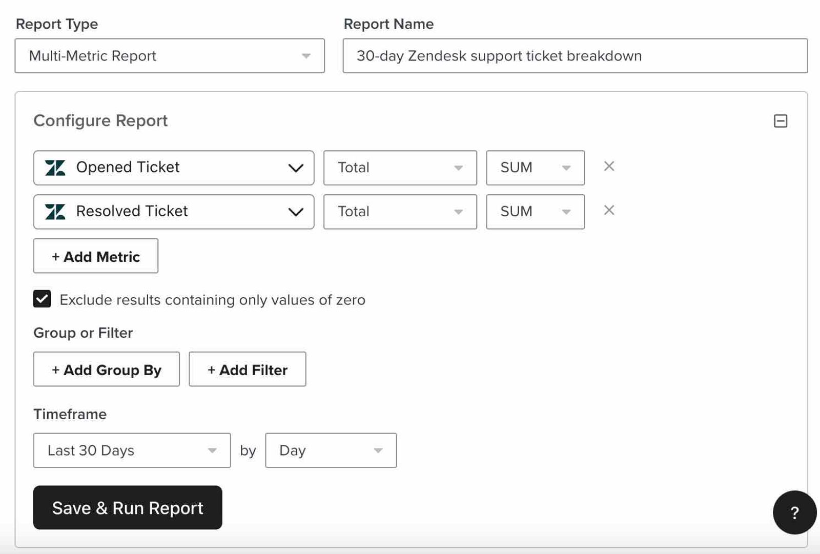 Multi-metric report that shows a breakdown of key Zendesk metrics (opened and resolved tickets) to show results from last 30 days. 