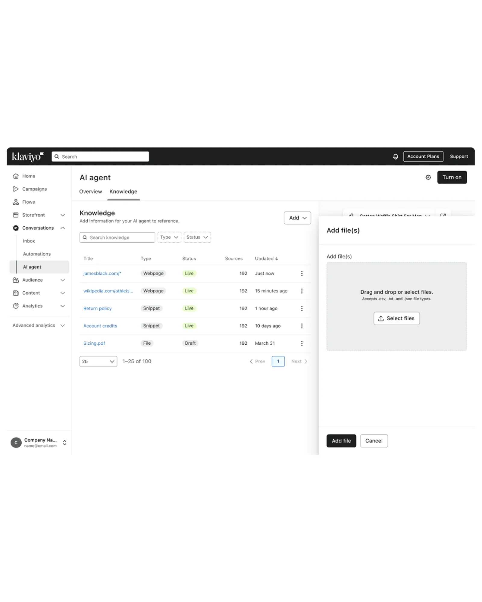 The Knowledge page with settings to upload files, webpages, and snippets.