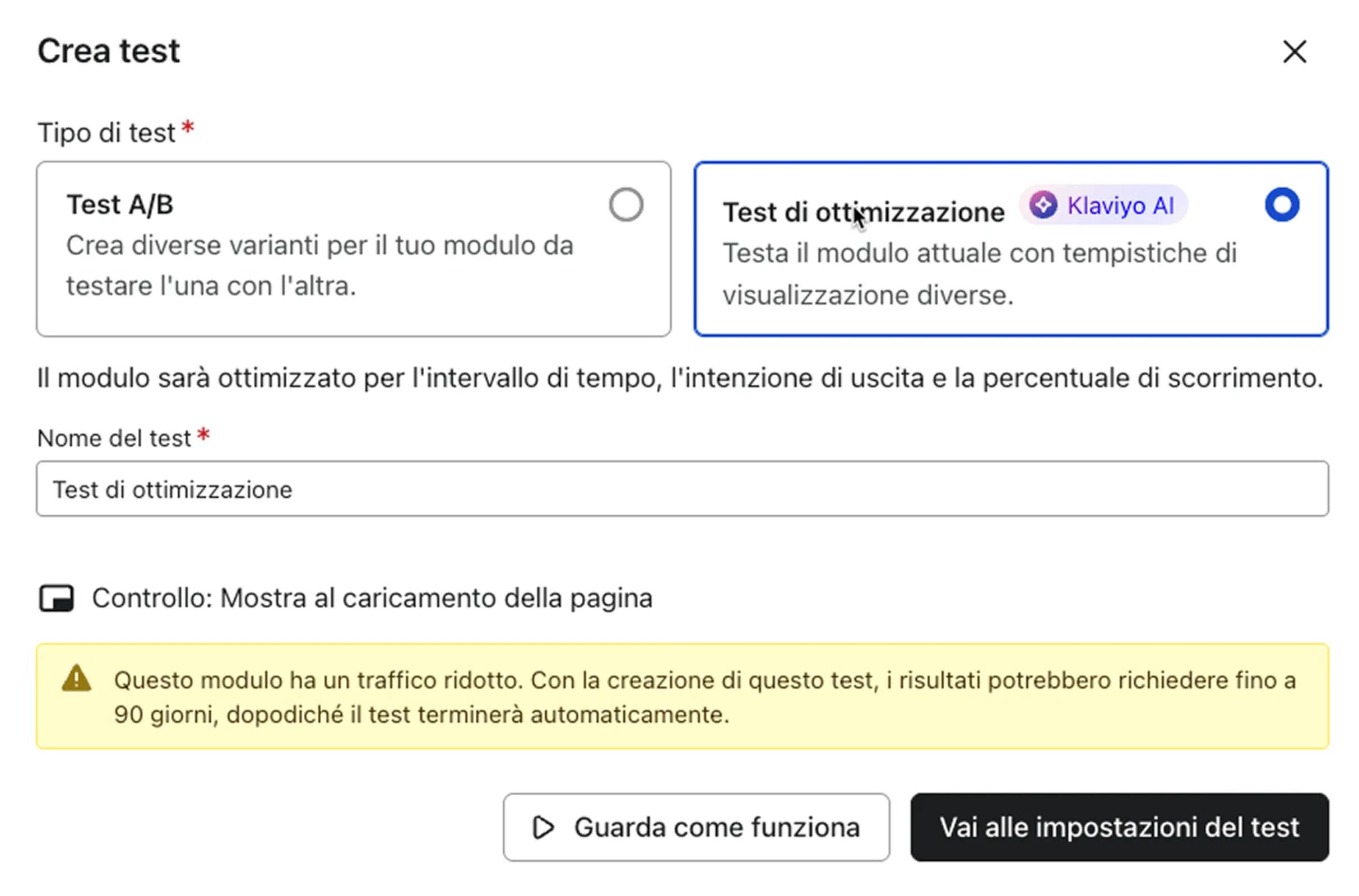 Example of selecting optimization test on the A/B testing modal.
