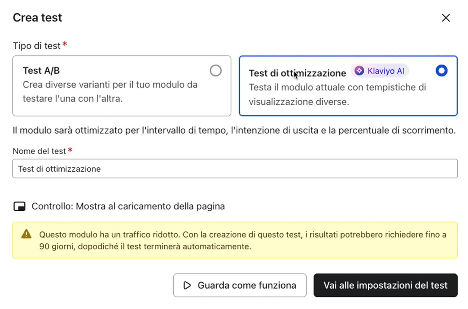 Example of selecting optimization test on the A/B testing modal.