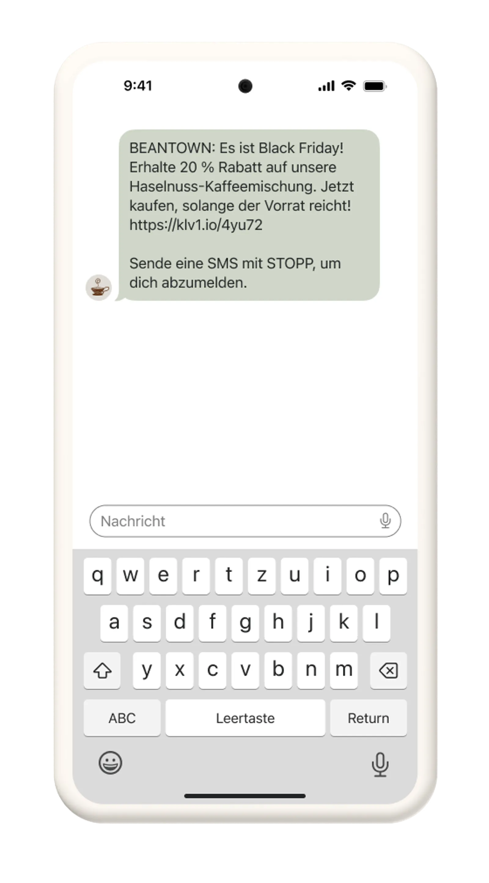 Beantown SMS-Nachricht mit 20% Rabatt für BFCM.