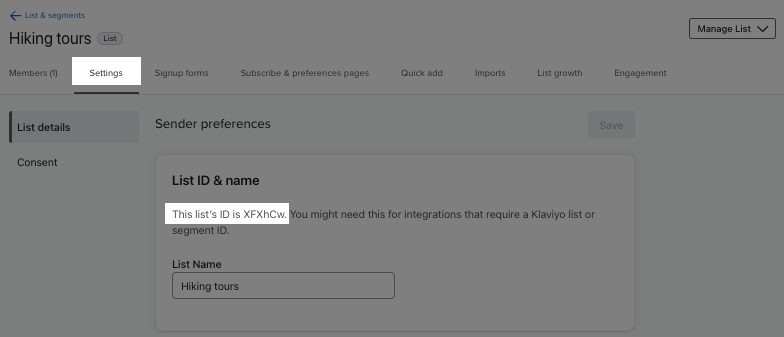 List settings showing list ID