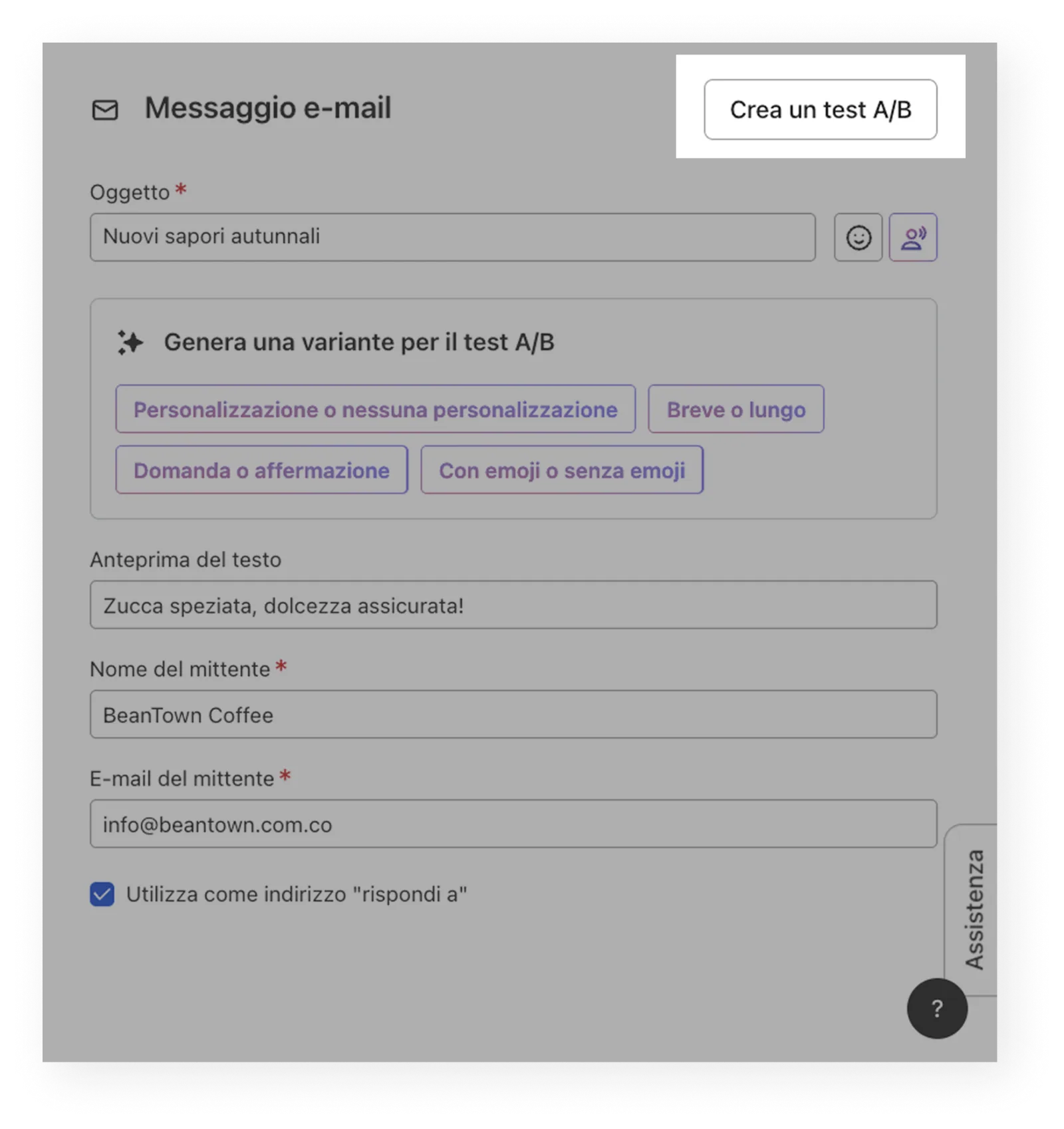Image of the campaign builder with the option to create an A/B test.