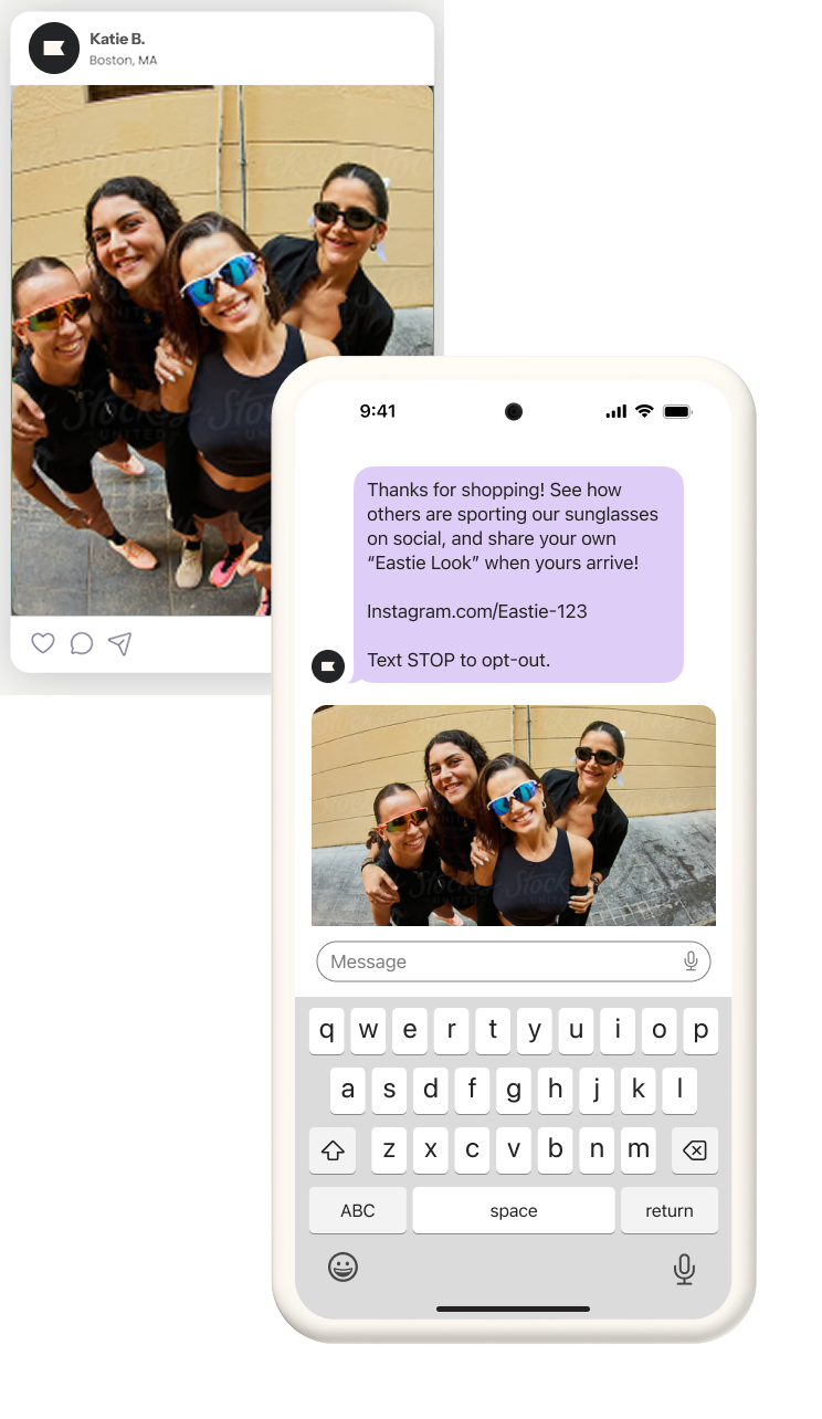 Two phones displaying the same image of four smiling women wearing sunglasses; one phone shows a social media post, the other an SMS marketing message.