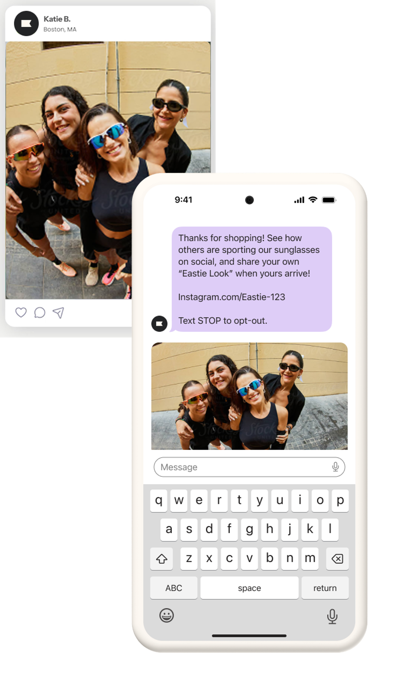 Two phones displaying the same image of four smiling women wearing sunglasses; one phone shows a social media post, the other an SMS marketing message.