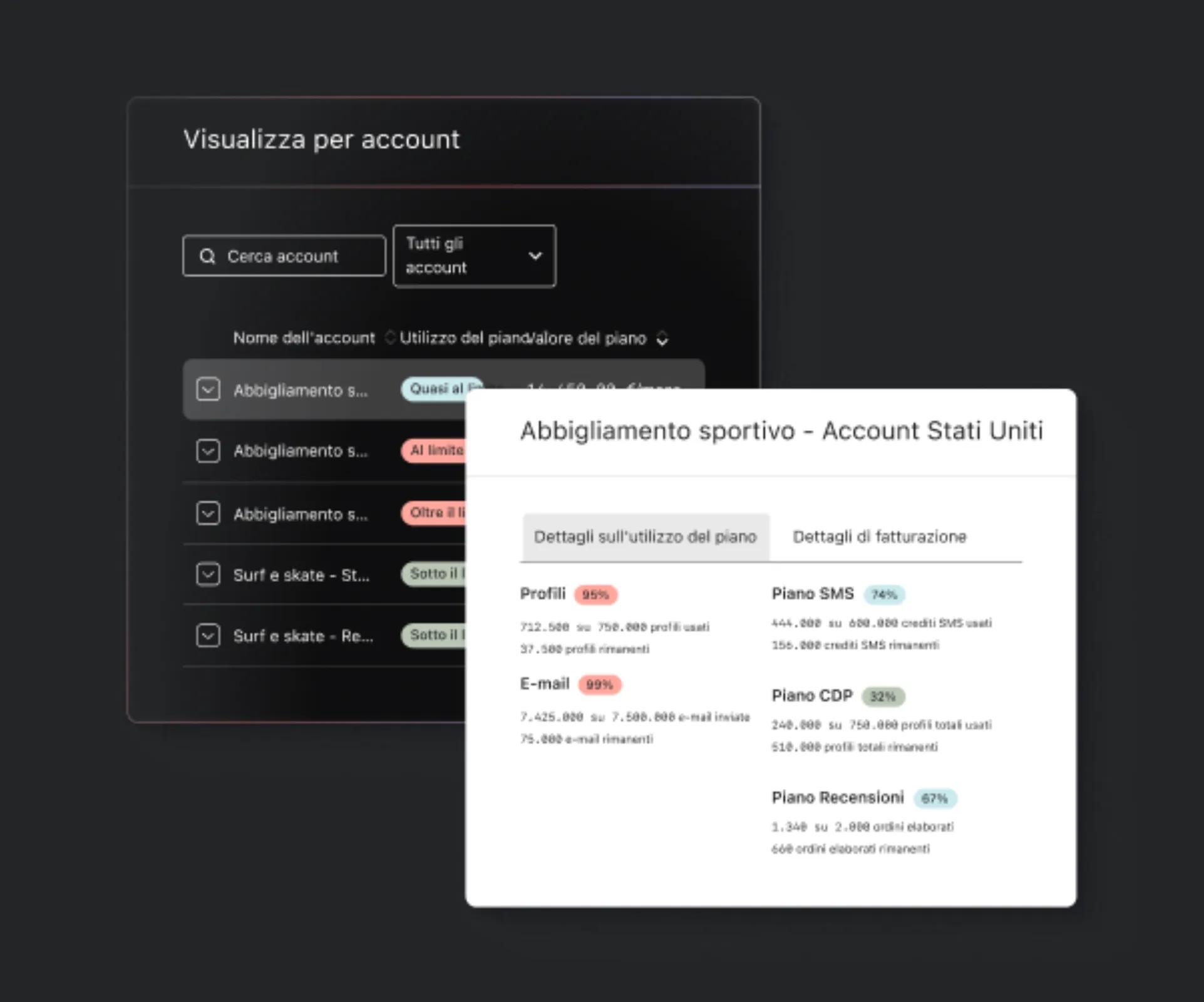 Un esempio del contenuto di un portfolio di Klaviyo: un elenco degli account e il livello di utilizzo del piano. 
