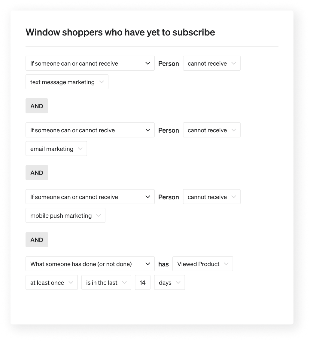 Segment of people viewing products onsite but haven't yet subscribed to marketing channels