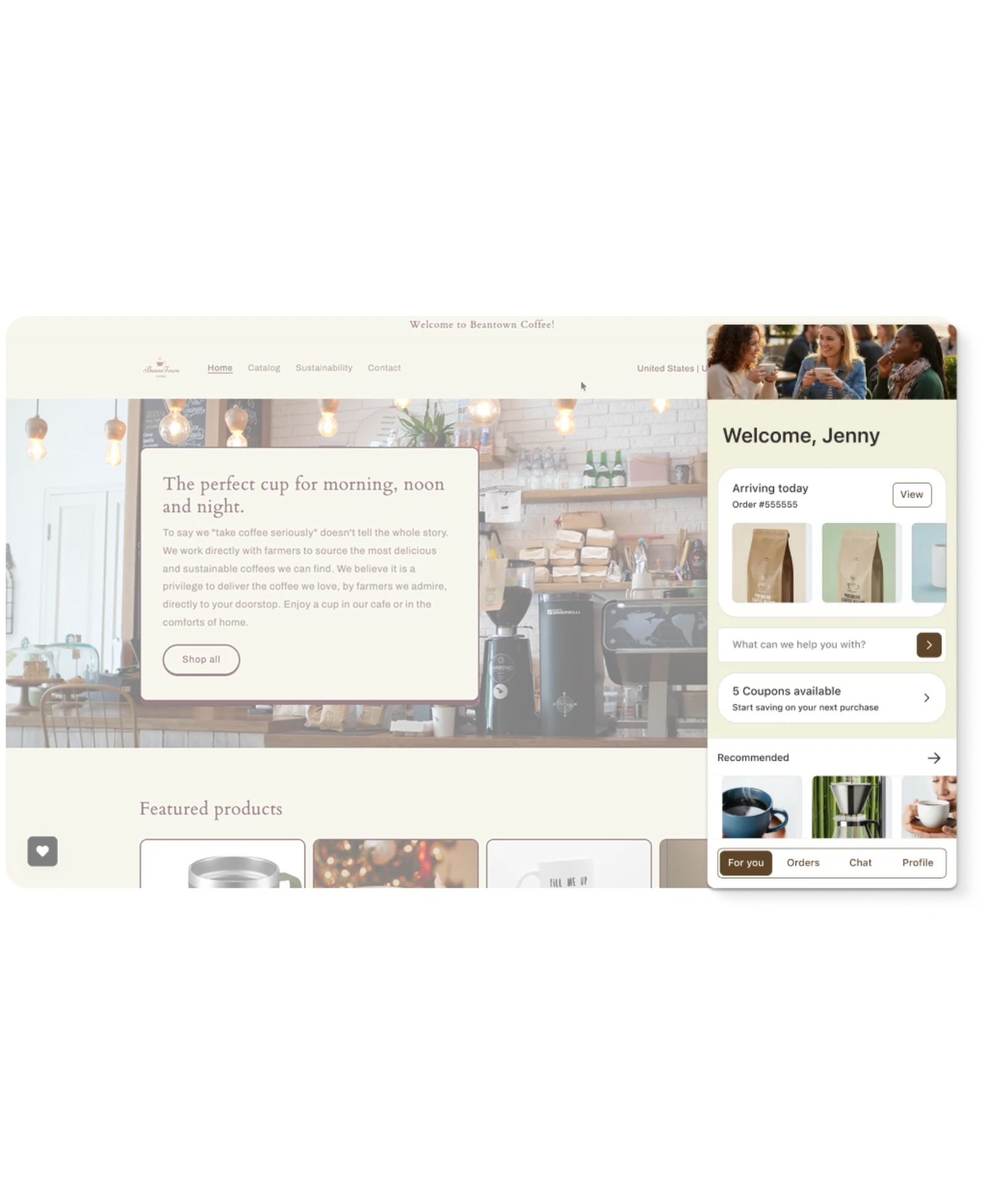 The Customer Hub experience on the Beantown Coffee website, welcoming the customer and offering delivery details, coupon codes, recommendations, and more.