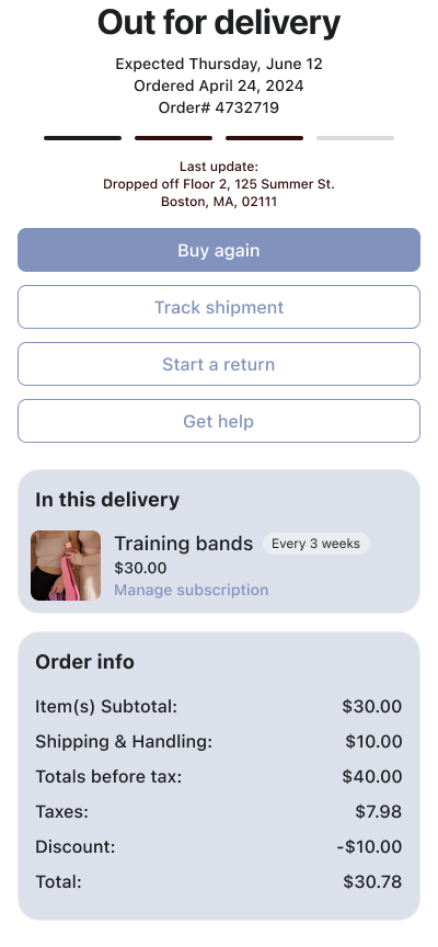 Order status page showing training bands out for delivery, expected June 12, with an order total of $30.78.