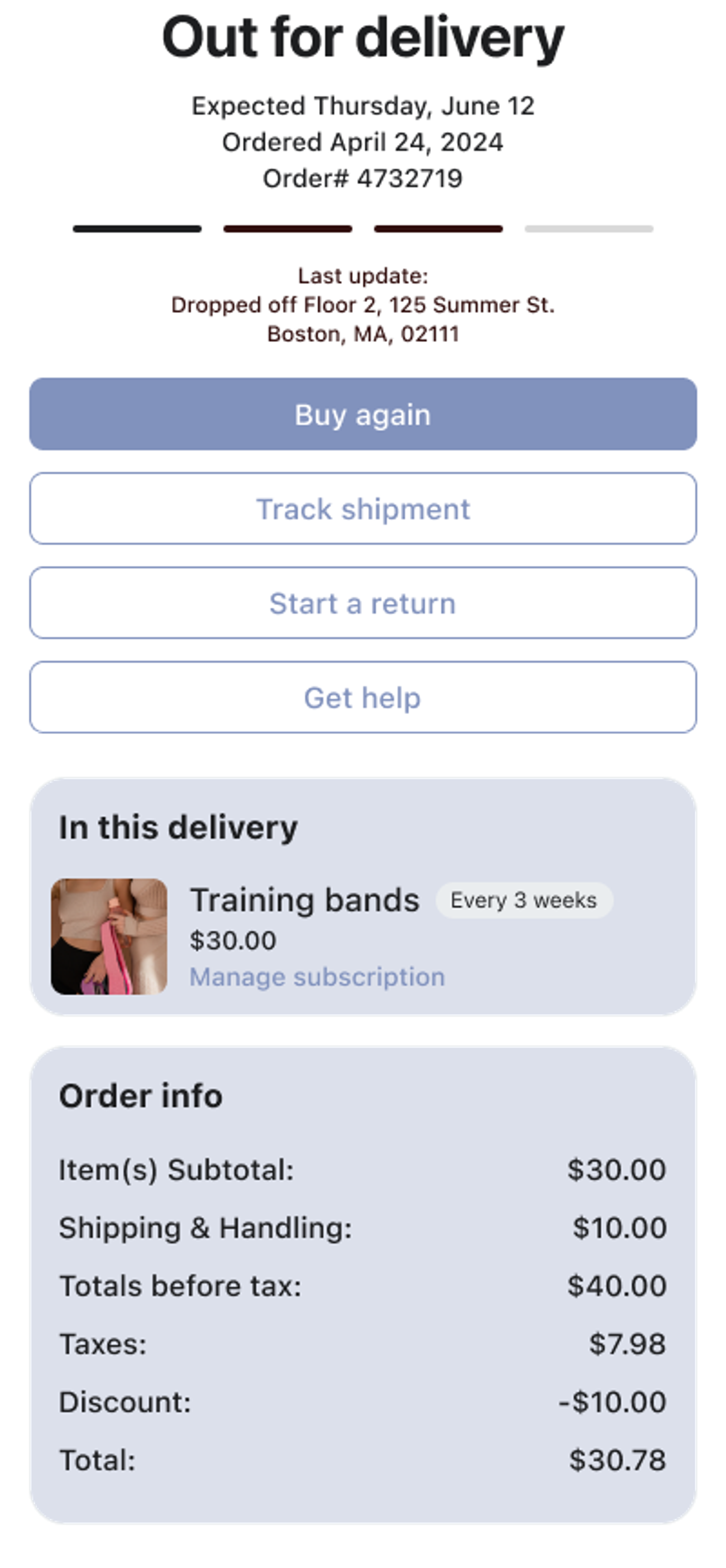 Order status page showing training bands out for delivery, expected June 12, with an order total of $30.78.