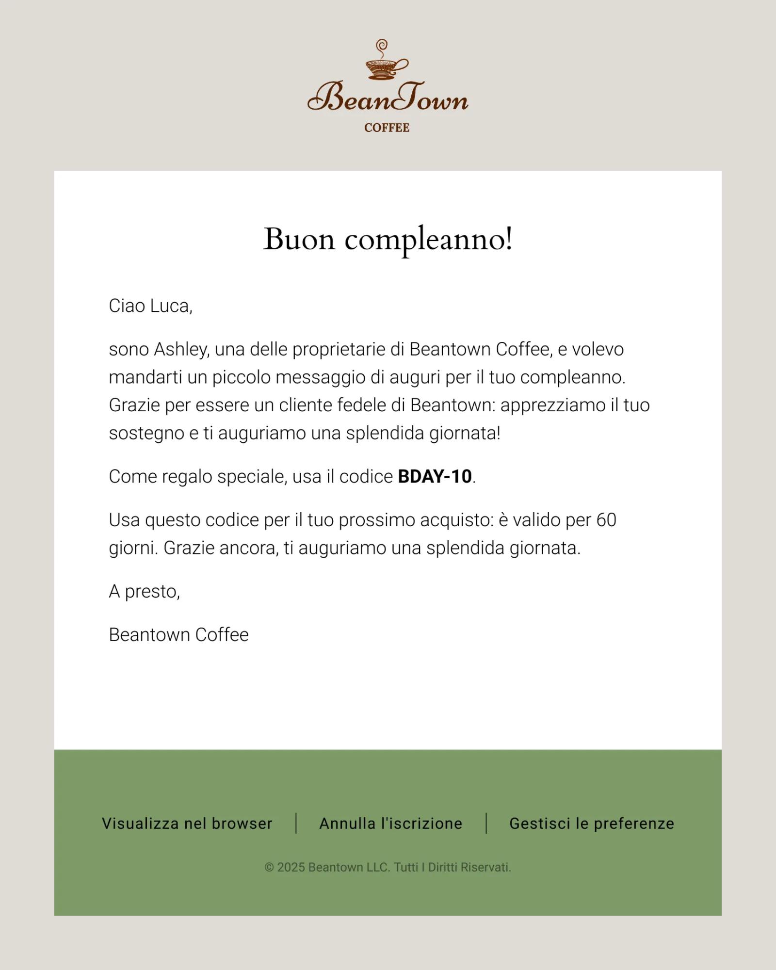 A birthday flow email from Beantown, offering 10% off to delight their recipient.