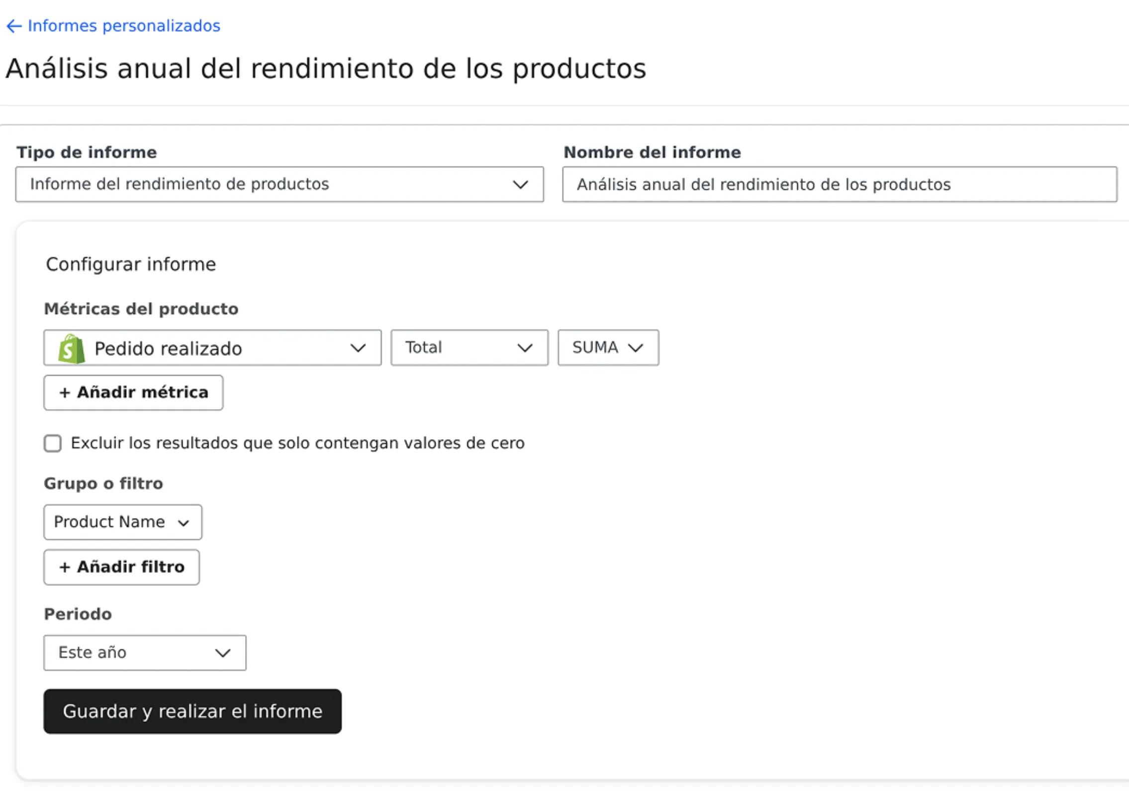 Product performance report that breaks down total ordered products grouped by name for the year.