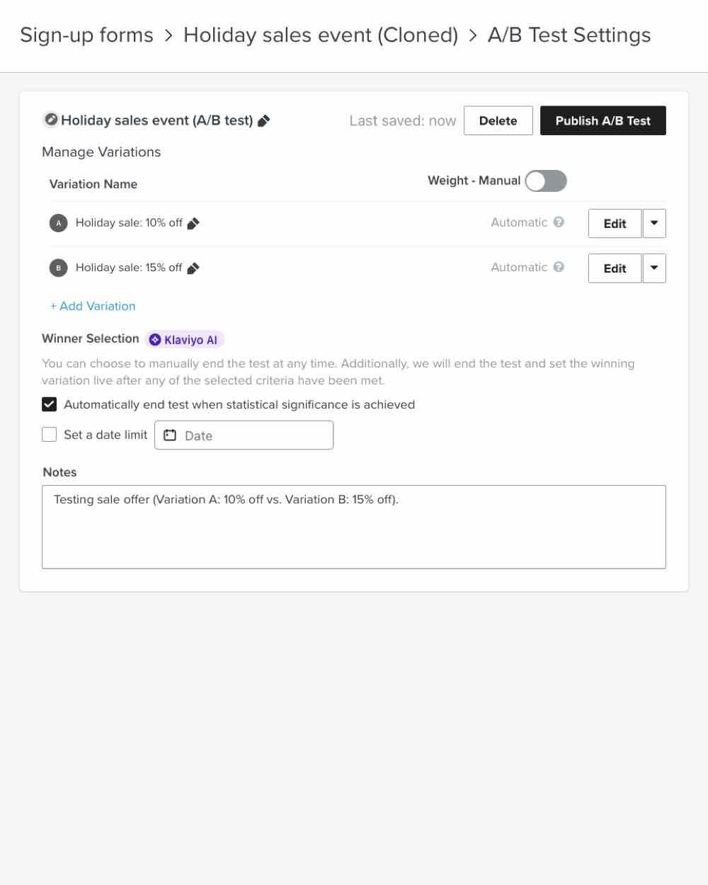An example of a form with a running A/B test.