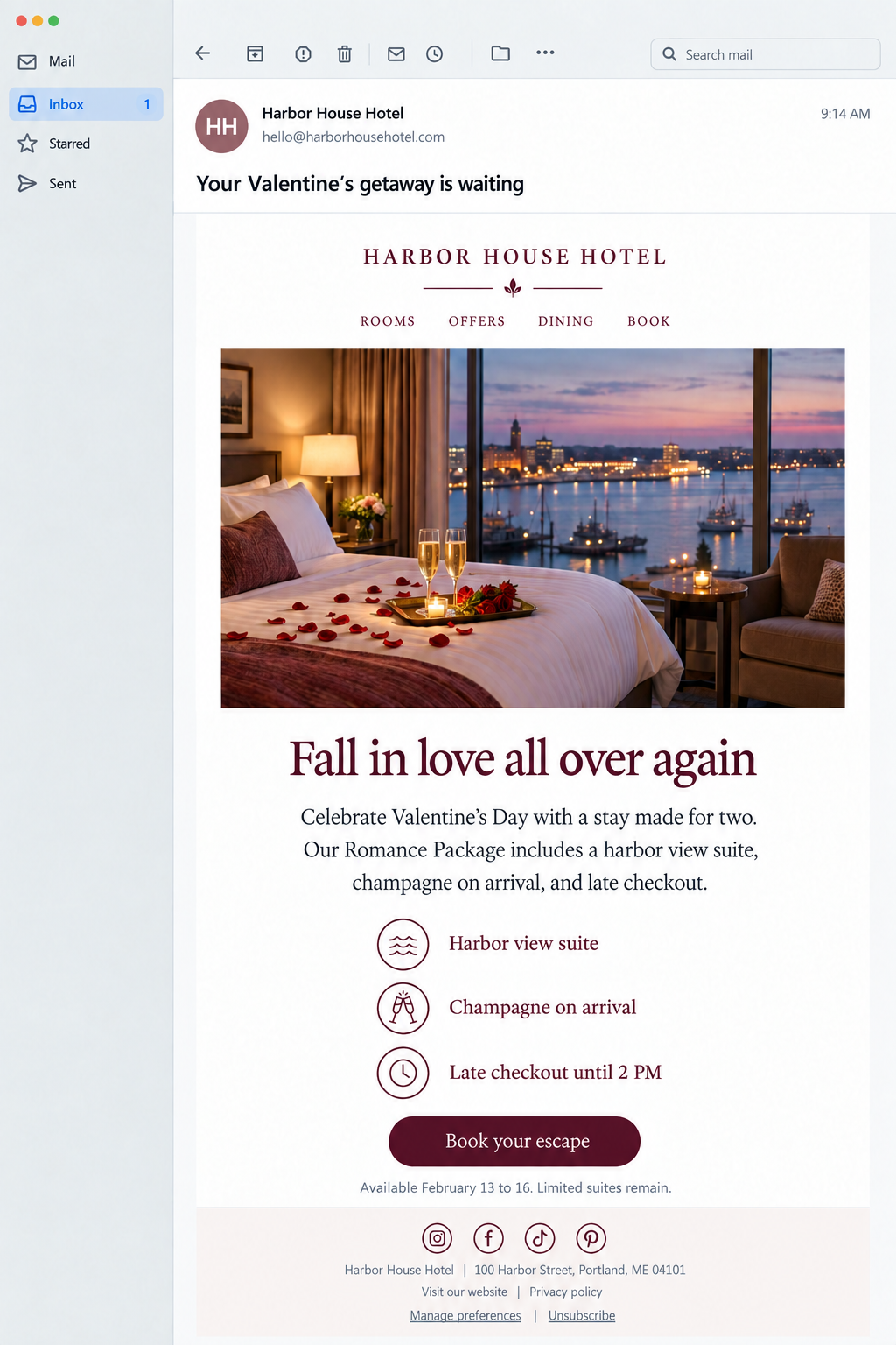 Valentine's day promotional email campaign from a hotel