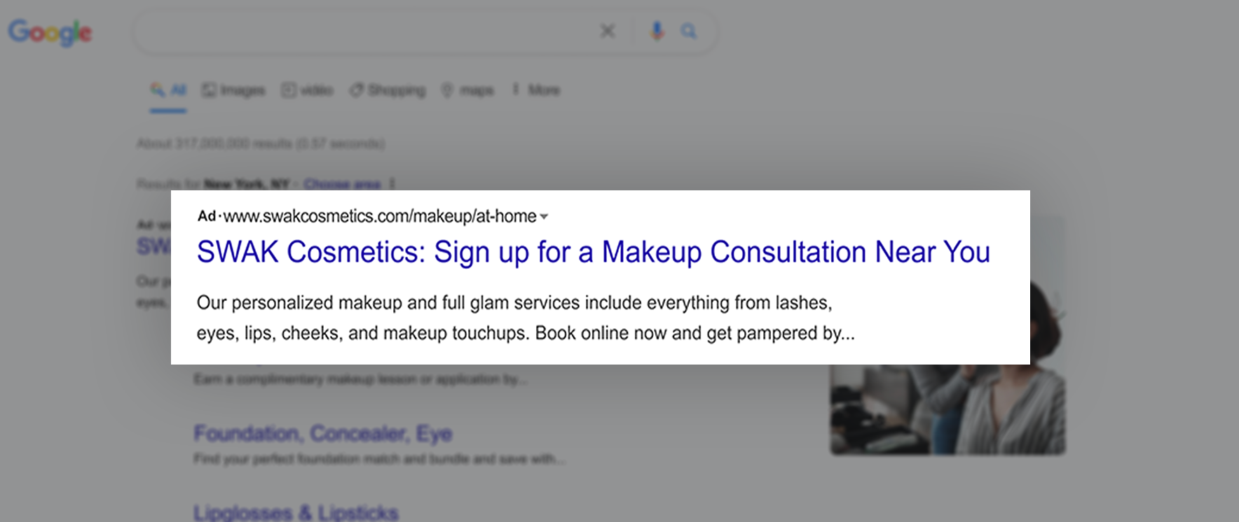 A SWAK Cosmetics search ad that promotes in person, local makeup consultations.