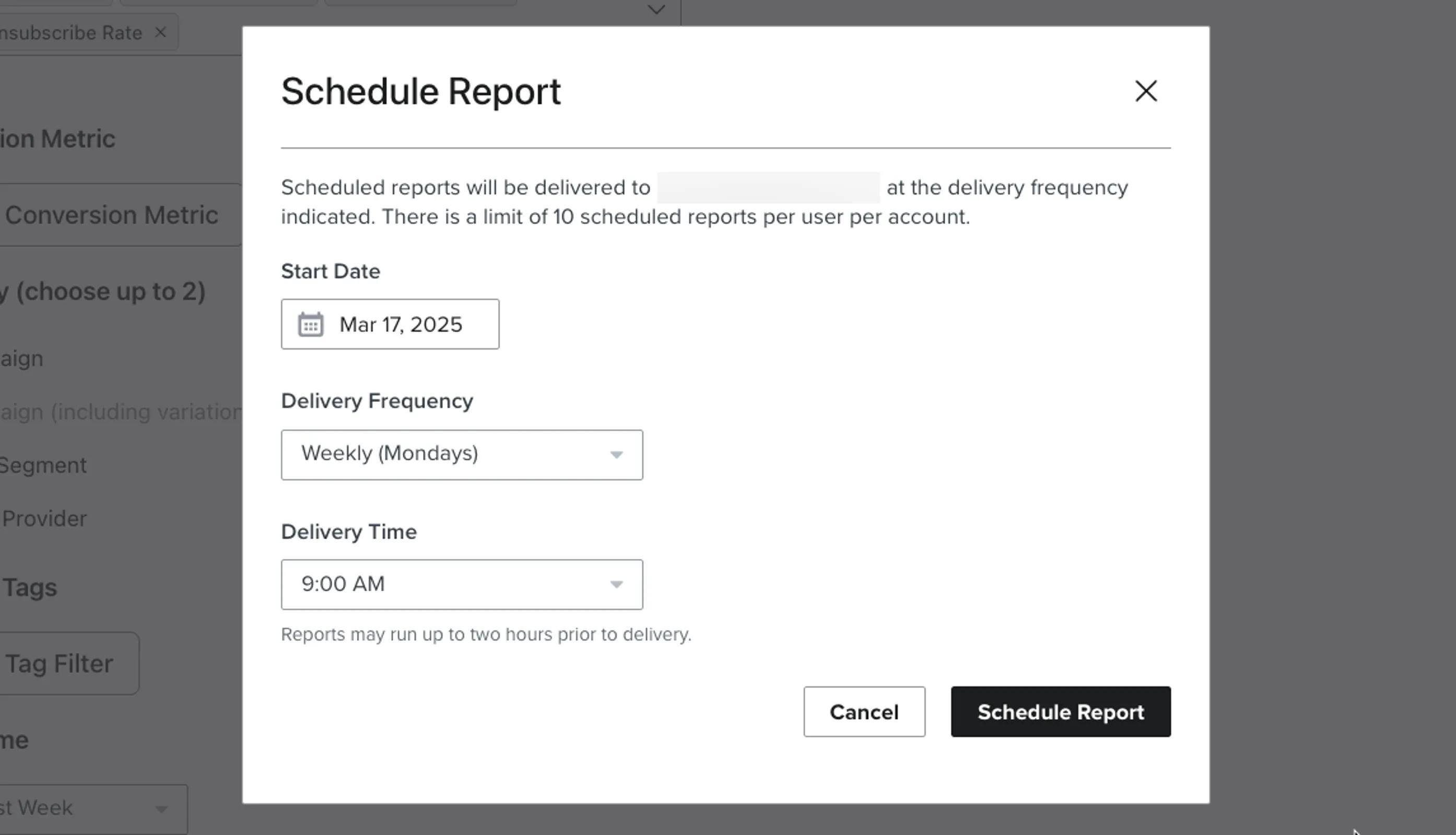 Scheduling a custom report to send weekly on Mondays at 9:00AM