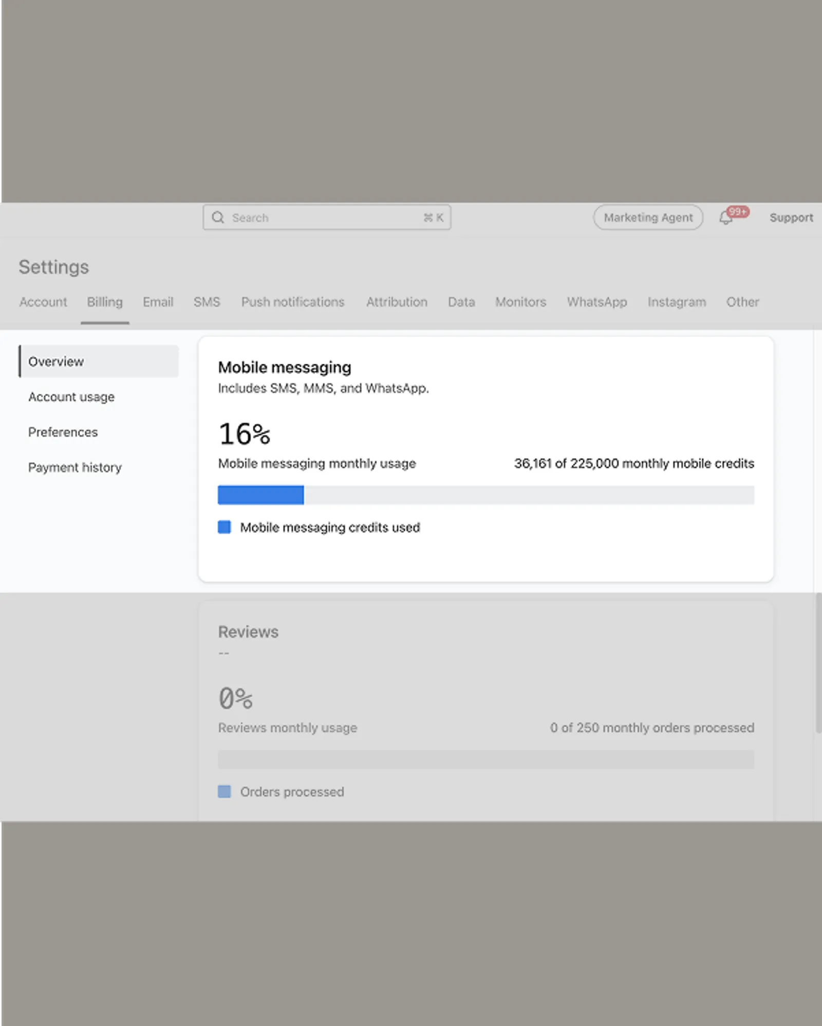 screenshot of the Klaviyo billing page showing mobile messaging credits