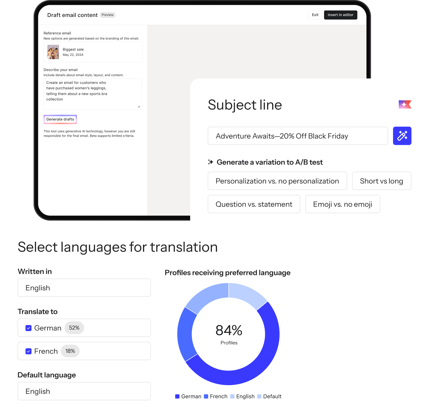 Email AI, subject line AI, and smart translations features