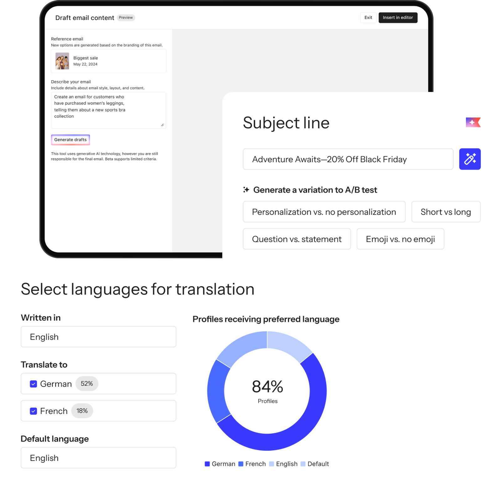 Email AI, subject line AI, and smart translations features