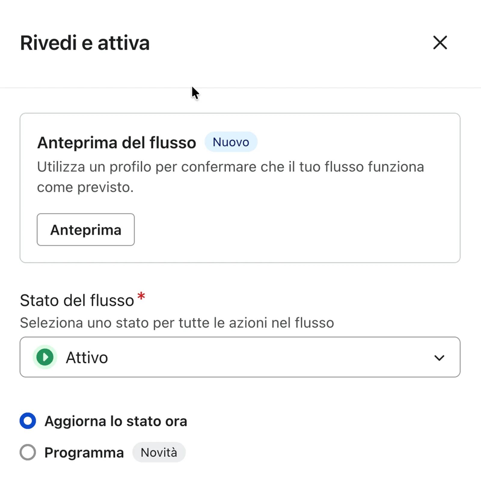 Update status option in upper-right of flow builder.