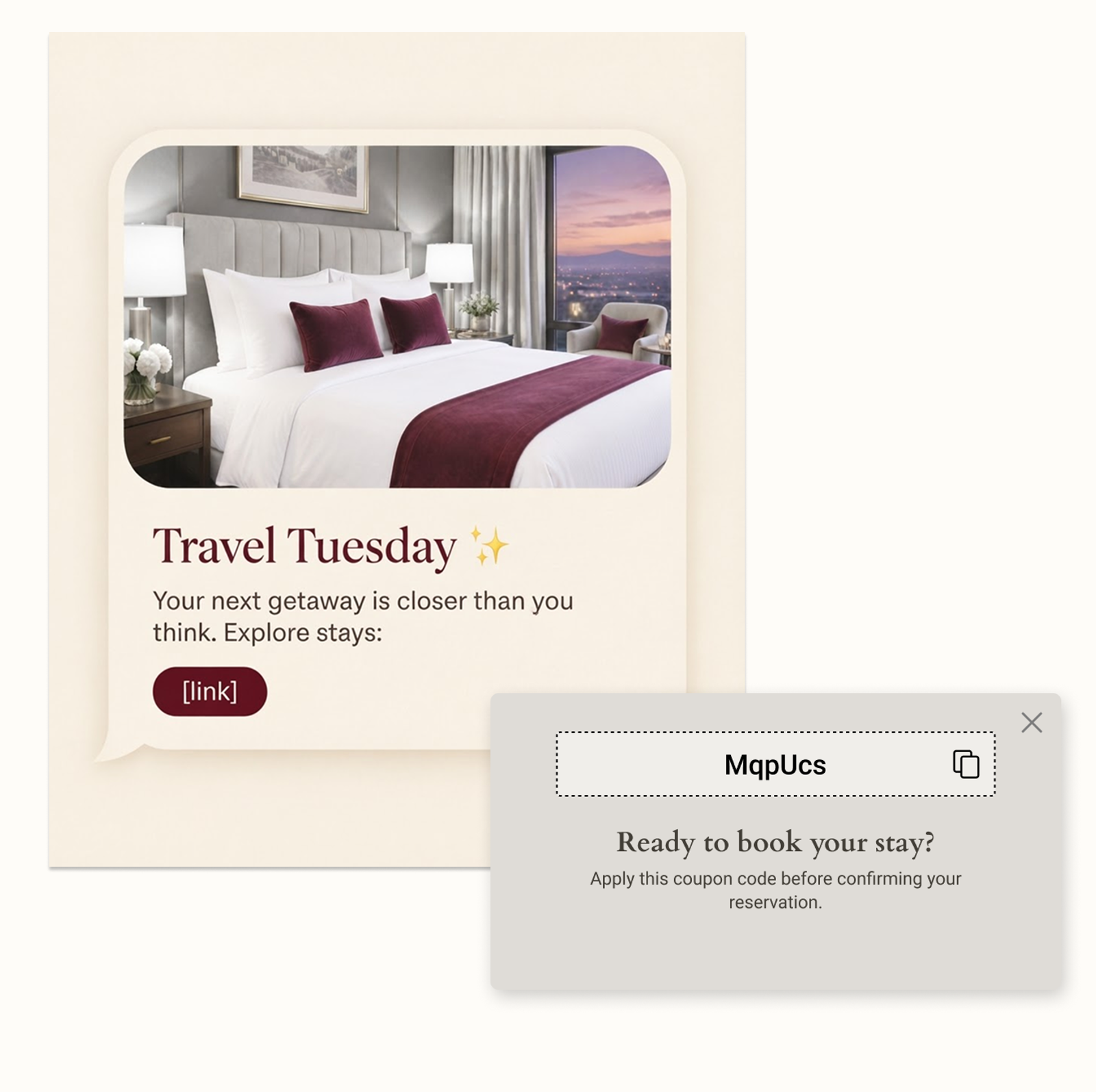 A "Travel Tuesday" promotion card featuring a hotel room and a pop-up with coupon code MqpUcs for booking a stay.
