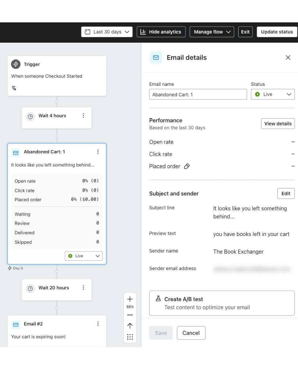 A flow with data appearing for an individual message upon clicking Show Analytics.