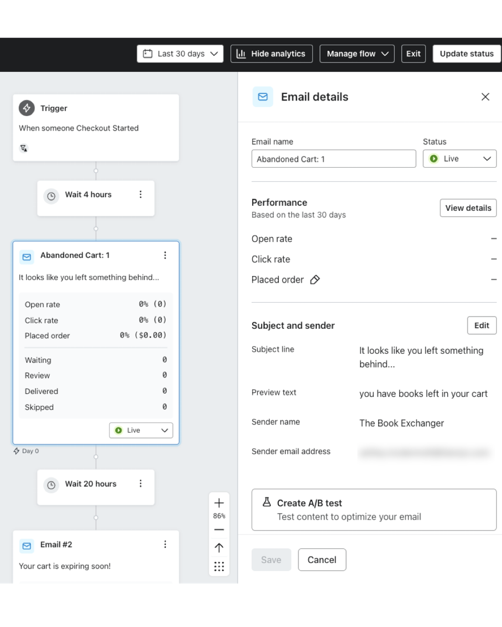 A flow with data appearing for an individual message upon clicking Show Analytics.