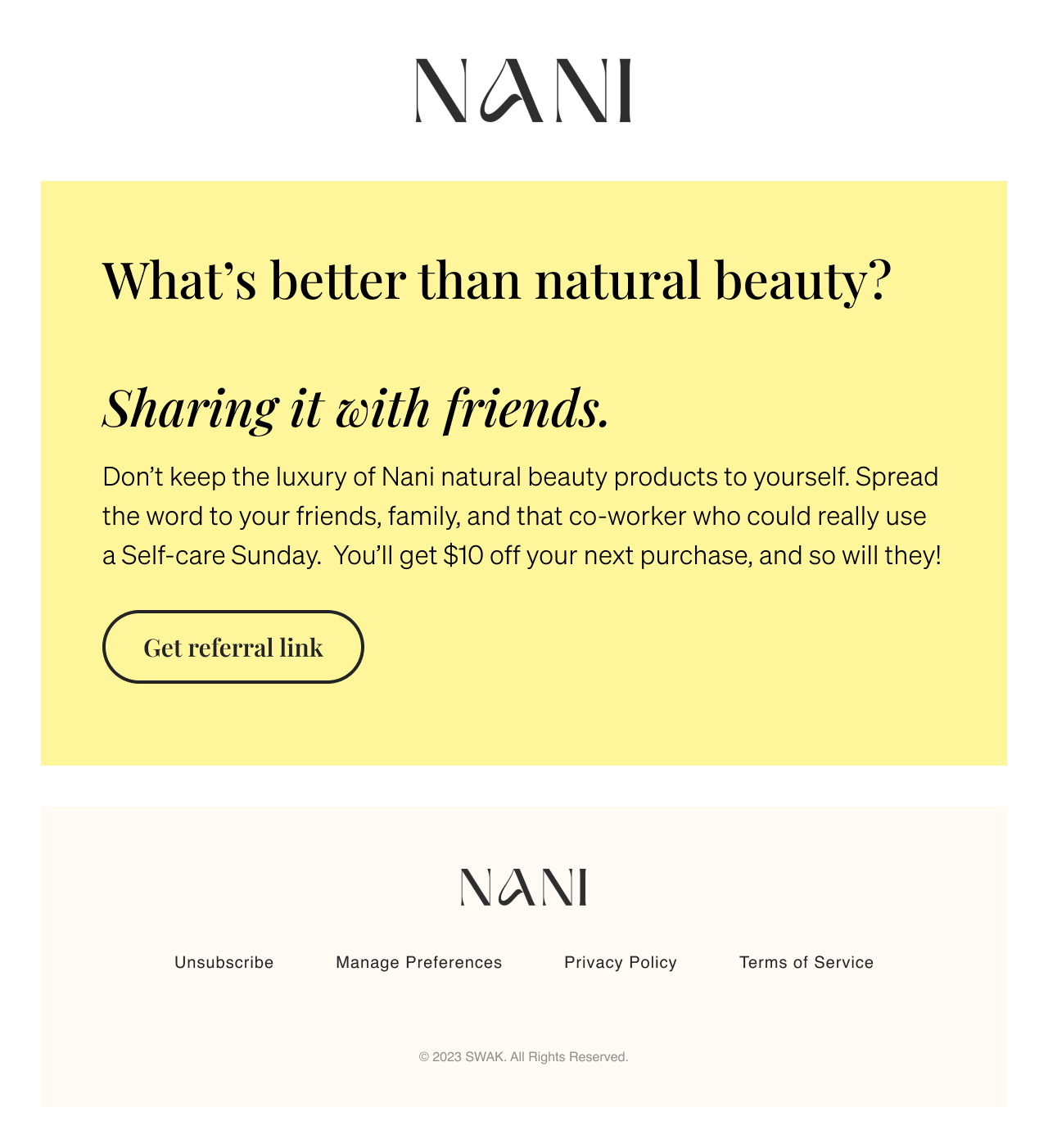 An example referral email from Nani beauty