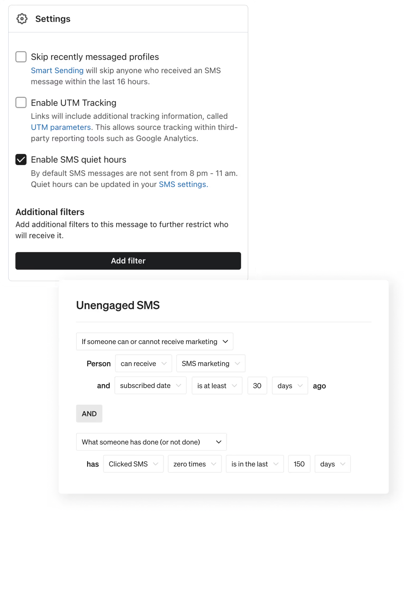 Message settings in Klaviyo, along with segment of profiles who have not clicked within the last 150 days