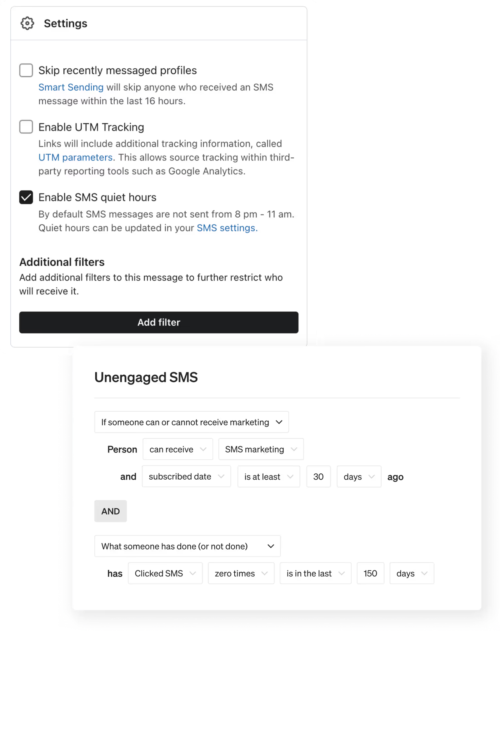 Message settings in Klaviyo, along with segment of profiles who have not clicked within the last 150 days